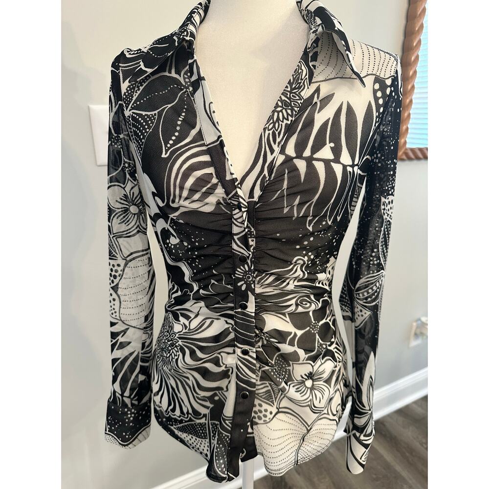 Y2K Cache Black White Mesh Ruched Floral Top Button Front Y2K  Going Out Retro M